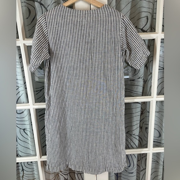 Len Ok S Black White Linen Striped tunic short sleeve summer Dress with pockets - Picture 5 of 6